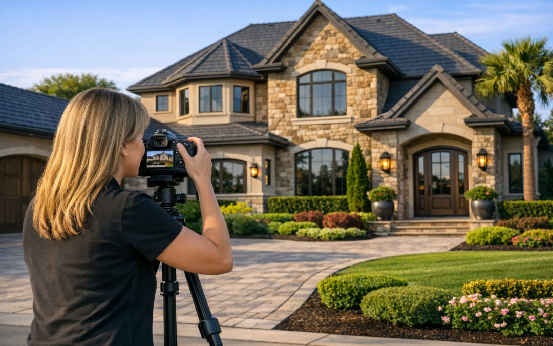 buyers notice first in listing photos, Woman taking picture of exterior of luxury home